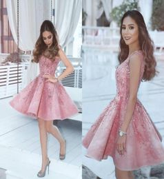 2018 Nuevo Dubai Blush Pink Homecoming Dresses Vestidos V Neck Sleeveless A Línea Vestidos de graduación de otoño Beads Cóctel Short Cocktail1877172