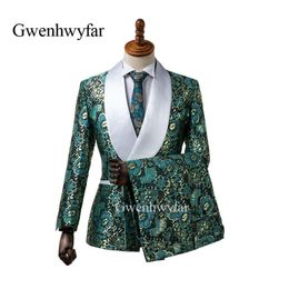 2018 Nieuwe Elegante Merk Shawl Revers Bruiloft Heren Pak Bloem Double Breasted Wedding Suits Voor Mannen Slim Fit Formele bruidegom Dragen T241h