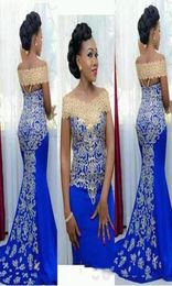 2018 Nouvelles robes longues élégantes Sirène de la sirène avec une broderie dorée Longueur du sol africain Femmes bleues Formal Prom MEININ6739527