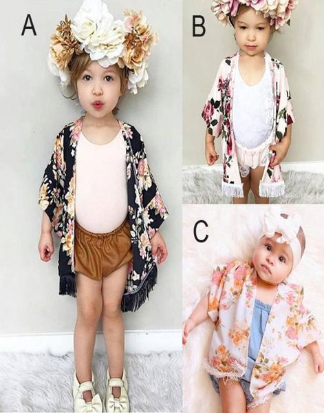 2018 nouvelle mode bébé filles casquettes poncho avec glands noir rose imprimé floral demi-large manches printemps été hauts fins tenues 3 2620692