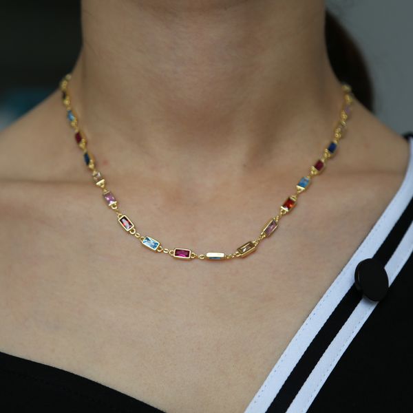 2018 Nouveau charme de la mode Bohème géométrie rectangle couleur pierre Long Collier avec pavé clair CZ tour de cou délicat pour jolie fille femmes Bijoux