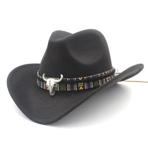 Etnische stijl Cowboy Western Hat Mode Unisex Solid Color Cowgirl Jazz Cap met legering Bull Hoofd Riem voor Mannen Vrouwen Maat 56-58cm
