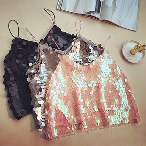 Nieuwe mode vrouwen sexy losse spaghetti v-hals glanzend bling paillette lovertjes tank tops vest hemdje