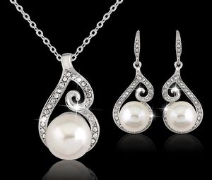 2018 nieuwe mode vrouwen kristal parel hanger ketting oorbel sieraden set 925 zilveren ketting sieraden