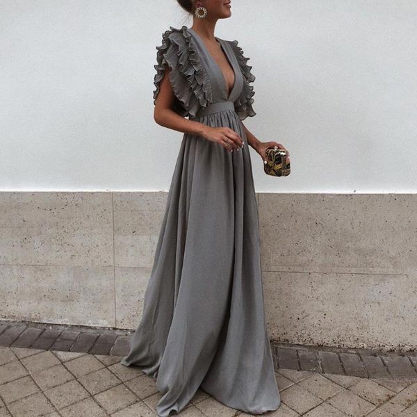 2018 Nouvelle Mode Femmes Robe Sexy Gris Col en V Dos Nu Volant Manches Courtes Maxi Robe D'été Solide Beach Party Longue Robe D1891304