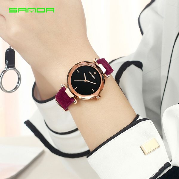 2018 nouvelle mode femmes montres SANDA luxe doré rouge bracelet en cuir diamant coupe miroir dames montre-bracelet robe Relogio Feminino