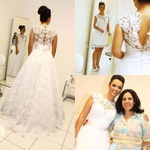 2018 Nieuwe volle kanten overskirts jurken juweel halslijn mouwloos een lijn korte bruiloft bruidsjurk plus maat op maat gemaakt