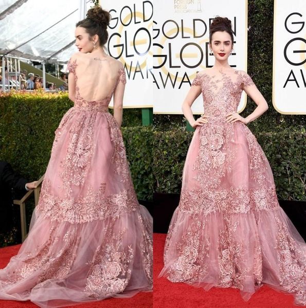 2019 Nuevos premios Golden Globe Lily Collins Zuhair Murad Vestidos de noche para celebridades Sheer Backless Pink Lace Apliques Vestidos de alfombra roja 136