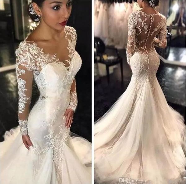 2020 magnifiques robes de mariée sirène Dubaï style arabe africain manches longues en dentelle robes de mariée en queue de poisson bouton robe de mariée