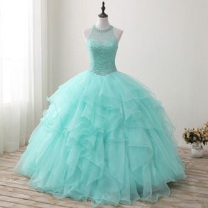 2018 Nouvelle Haute Qullity Menthe Vert Robe De Bal Quinceanera Robes Perlée Bal Doux 16 Robe Plus La Taille À Lacets Robe De 15 Ans Q72