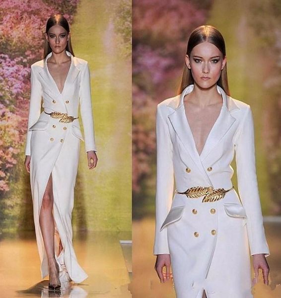 Nueva gran oferta vestidos de noche largos divididos blancos mangas de alta calidad vestidos formales de fiesta de graduación con cuello en V sexis con cinturón dorado