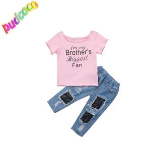 2018 nouveaux enfants bébé filles Coton t-shirt hauts + maille jean pantalon 2 pièces tenues ensemble vêtements chauds