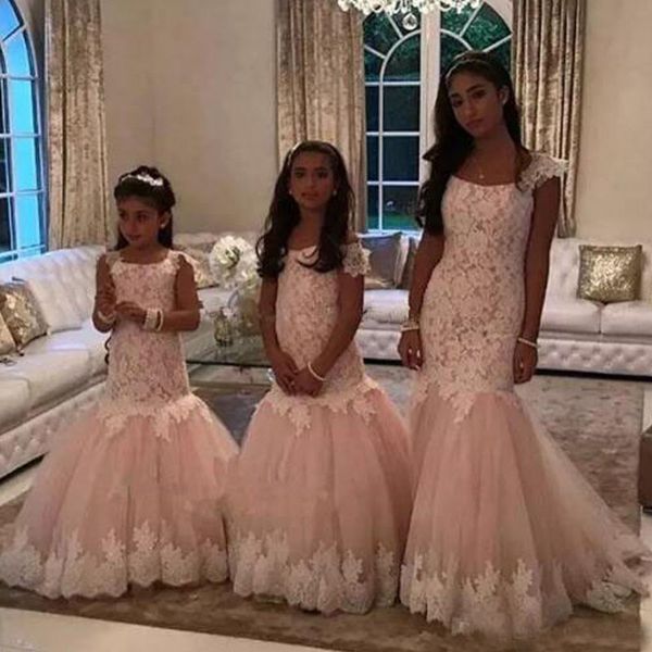 Nouveaux enfants robes de bal blush dentelle appliques tulle sirène robes de fille de fleur enfants longs robes de soirée pour les mariages
