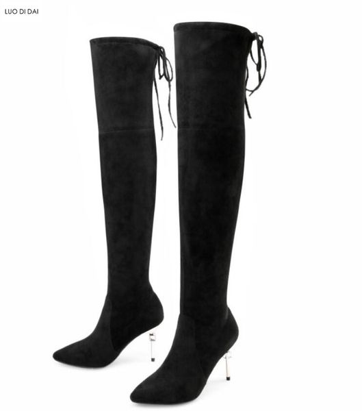 2018 Nuevas señoras punta del dedo del pie botas largas de tela elástica muslo botas altas zip up talón de metal mujeres botines sobre rodilla alta mujer botas