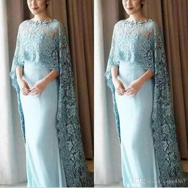 2019 New Light Blue Lace Cape Style Vestidos para madre de la novia Gasa Hasta el suelo Vestido de fiesta Vestidos de noche hechos a medida Vestidos