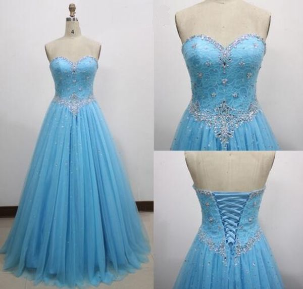 Nuevos vestidos de dama de honor azul cielo claro Cariño para bodas Encaje Tul Largo Tallas grandes Vestidos de dama de honor Alta calidad