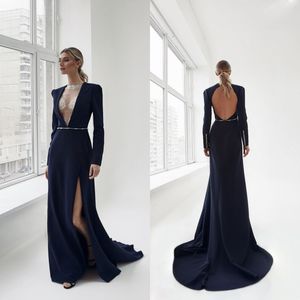 Bescheidenes marineblaues High-Neck-Abschlussballkleid mit seitlichem Schlitz 2020, rückenfreie Abendkleider mit Kristallperlen und Empfangskleid in Übergröße