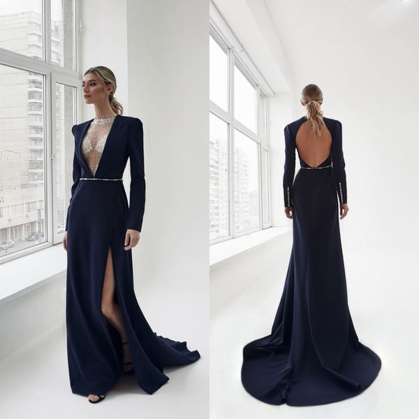 Vestidos de fiesta modestos en azul marino con cuello alto y abertura lateral, vestidos de noche sin espalda con cuentas de cristal, vestido de recepción de talla grande 2020