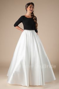 Nieuwe lange zwart-wit bescheiden pom jurken met halve mouwen satijnen rok eenvoudige elegante tieners formele prom feestjurken op maat gemaakt