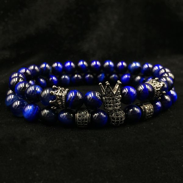 Bracelet pour hommes 2 pièces/ensemble de luxe naturel oeil de tigre pierre CZ couronne charme dragonne accessoires cadeau saint valentin vacances noël