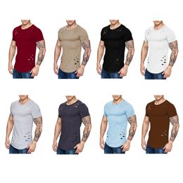 2018 nieuwe mannen gescheurde effen kleur losse fit crew ronde hals t-shirts casual uitgehold gebogen korte mouwen top