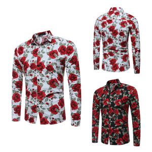 2018 nieuwe heren lange mouwen shirts bloemen gedrukt grote maat slim fit shirts rose patroon casual single breasted shirt voor lente en herfst