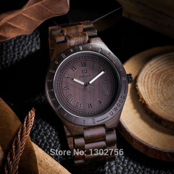 2018 Nouvelle montre analogique en bois de santal noir naturel UWOOD Japon MIYOTA Mouvement à quartz Montres en bois Robe Montre-bracelet pour Unisex255g