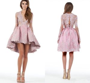2019 nieuwe roze op maat gemaakte een lijn lange mouwen hoge lage cocktail party jurken kant applique plunging homecoming jurken prom korte mini-jurk