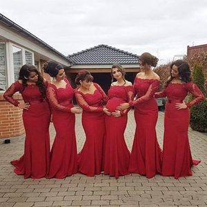 2019 nieuwe plus size moederschap off schouder lange mouwen kant backless zwangere formele jurken Arabische Afrikaanse stijl rode bruidsmeisje jurken 101