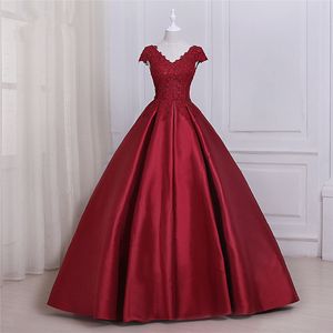 Rode Satijn Prom Jurken Custom Elegante V-hals Cap Mouwen Avondvloer Lengte Partyjurken Robe de Mariée