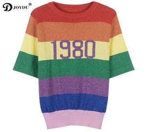 2018 Nieuw runway -ontwerp 1980 Knust Summer Top T -shirt Vintage T -shirts voor vrouwen Rainbow Striped Harajuku Chic Female TShirt7256809