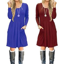 2018 nouvelle vente 11 couleurs col rond robes de mode pour les femmes automne hiver solide poche tenue décontractée femme hauts vêtements livraison gratuite