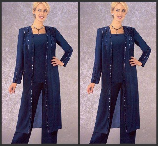 2019 Nouveau Sexy Perlé À Manches Longues Mère De La Mariée Pantalon Costumes Bleu Royal En Mousseline De Soie Plus La Taille Formelle Robes De Soirée Sur Mesure 121