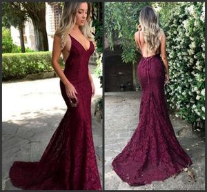 2023 Nieuwe Sexy Bordeaux Avondjurken Zeemeermin V-hals Sweep Trein Prom Dresses Full Lace Backless Formele Partij Jassen vestidos De Novia