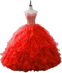 2018 Nouveau Sexy Magnifique Bretelles Perlées Organza Quinceanera Robes À Volants Cristal Doux 16 Prom Party Robe De Bal