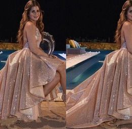 2018 New Shinny Rose Gold Sequins Lalter Coul Aline Robes sans manches Sexy Sexy Backless High Low Robes de soirée Custom MA8847652