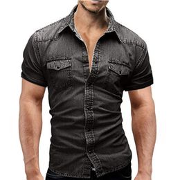 2018 nouveau manches courtes Denim chemise hommes Camisa Social Masculina Slim Fit poche chemises mode décontracté solide hommes Shirts206r