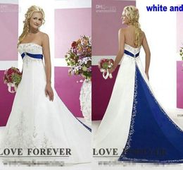 2018 Nieuw Sier -borduurwerk op Satin White en Royal Blue Floor Lengte Bridal Jurken Custom Made Vintage Style Plus Size Wedding Dresses 322