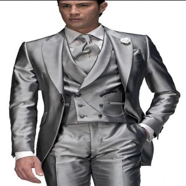 2018 New Silver Grey Wedding Tuxedos Style One Button Groom Tuxedos Peak Lapel Padrinos de boda Hombre Hombre Trajes de boda Chaqueta Pants273n