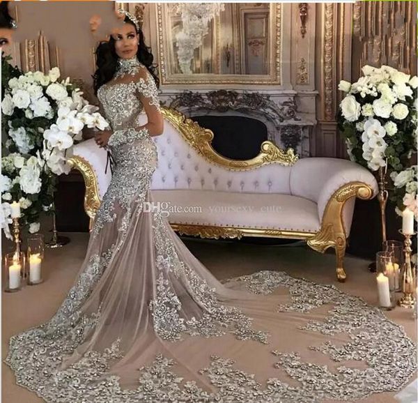 Nouveaux robes de mariée sirène en argent col haut manches longues appliques paillettes perlées illusion scintillant saoudien arabe robe de mariée image réelle