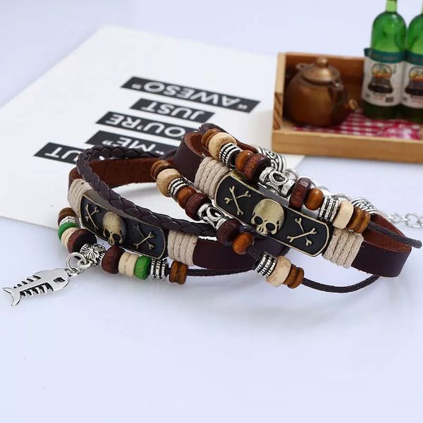 Nuevas pulseras de cuero de pez calavera cuentas hechas a mano multicapa pulsera de amistad ajustable para hombres y mujeres joyería