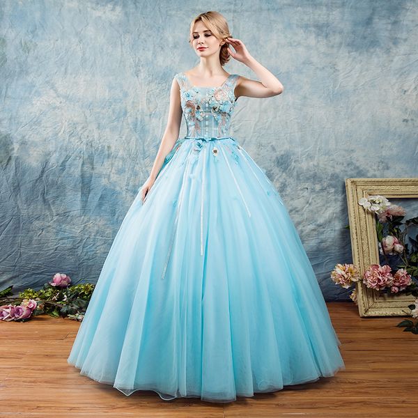 2018 New Sky Blue Square Princess Appliques Robe Ball Robes Quinceanera Robes Lace Up Tulle Sweet 16 Robes Debutante 15 ans Robe de fête BQ115