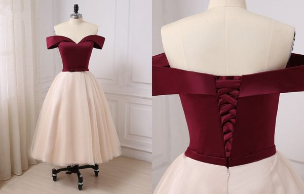 2018 Nouvelles robes de soirée à la longueur du thé sur l'épaule avec des manches courtes Ribbon Bows Bourgogne et champagne en tulle corset Robes de bal