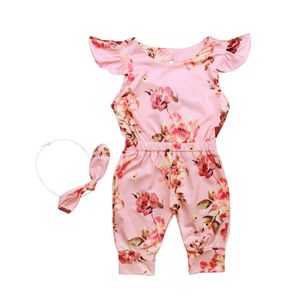 2018 nieuwe peuter kleding baby pasgeboren kleding baby meisje rompertjes zomer kinderkleding fly mouw bloemen zonsuitje jumpsuit + hoofdband 2 stks