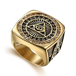 Nuevos hombres de diseño especial único Hombres de acero inoxidable Anillos masónicos selection Masonic All Veing Eye Ring AG Emblema Jewellry Artems con piedras de cristal Menas