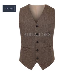 2018 nuevos chalecos de tweed de espiga marrón de lana Vintage para hombre chaleco de traje ajustado chaleco de boda de granja para hombres chaleco Formal Men226S