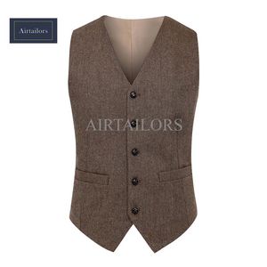 2018 Nieuwe Vintage Wol Bruin Visgraat Tweed Vesten Merk Heren Pak Vest Slim Fit Boerderij Bruiloft Vest Voor Mannen formele Vest Men2442