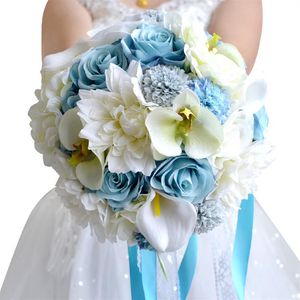 2018 Nieuwe Bruidsboeketten Blauw Crème Kant Satijn Kunstmatige Satijn Posy Broche Boeket voor Bruids Bruidsmeisje Country Wedding CPA1544228O