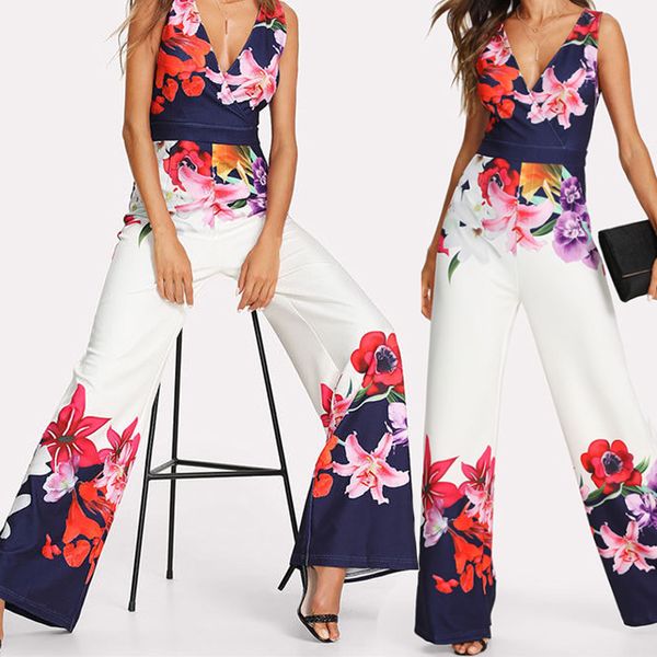 Monos de mujer, mono Sexy con cuello en V, mono Floral, ropa de discoteca para mujer, mono de fiesta de pierna ancha con flores para verano 2021