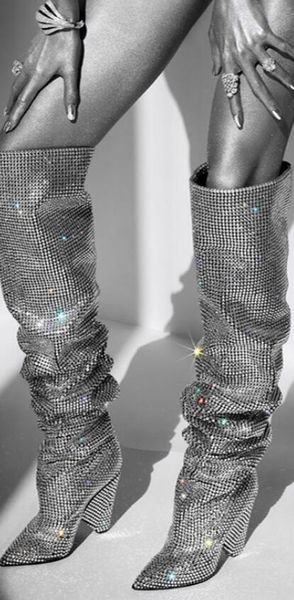 2018 nouvelles femmes bottes à talons hauts bottes à talons hauts en diamant bottines à bout pointu paillettes cristal bottes à talons hauts dames chaussures de fête